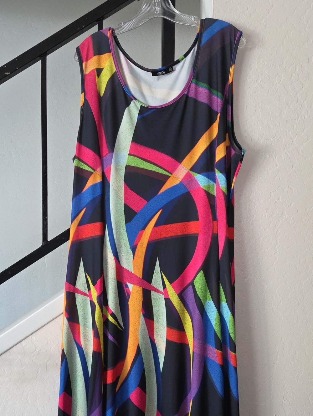 Sleeveless Maxi Dress — Black with Neon Multicolor Abstract Print Size 1x